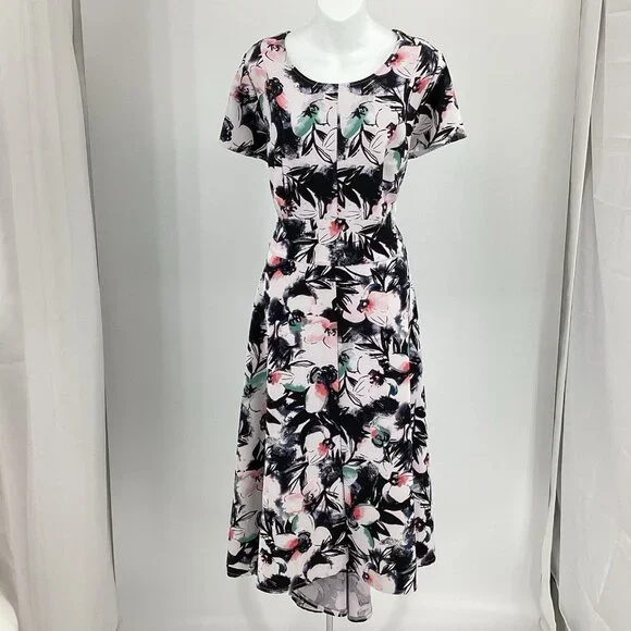 Lane Bryant | Dresses | Lane Bryant Womens Size 8 High Low Cap Sleeve Round  Neck Floral Dress Teal Pink | Poshmark